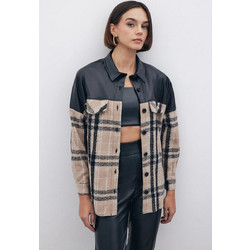 Γυναικείο καρό δερμάτινο jacket Kinzi σε εκρού και μαύρο, σε κανονική γραμμή