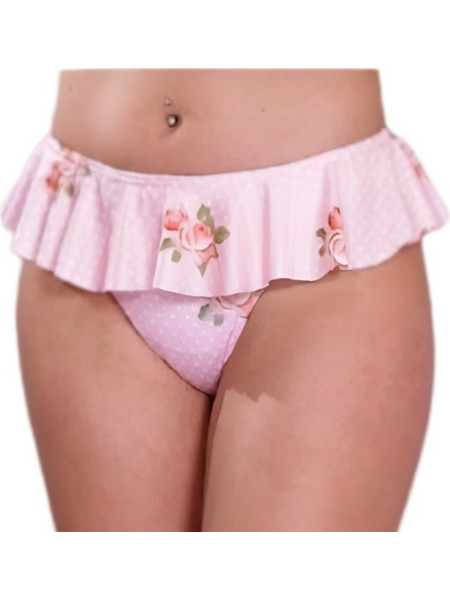 Rose Slip Γυναικείο Σλιπ Μαγιό με βολάν σε ροζ χρώμα με λευκά πουά και Τριαντάφυλλα Ροζ