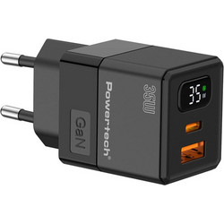 Φορτιστής Powertech PT-1499 με Οθόνη και Θύρες USB-A και USB-C 35W GaN, μαύρος