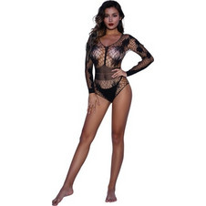 Alluring Black Mesh and Lace Long Sleeve Teddy