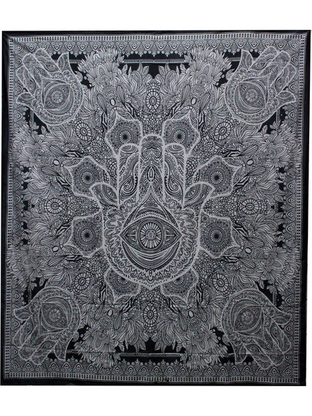 B&W Double Cotton Bedspread + Wall Hanging - Hamsa