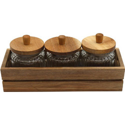 Βάση Μπαχαρικών Με Βαζάκια (Σετ 4Τμχ) 014.KG3122 10x26,6cm Natural Ξύλο,Γυαλί