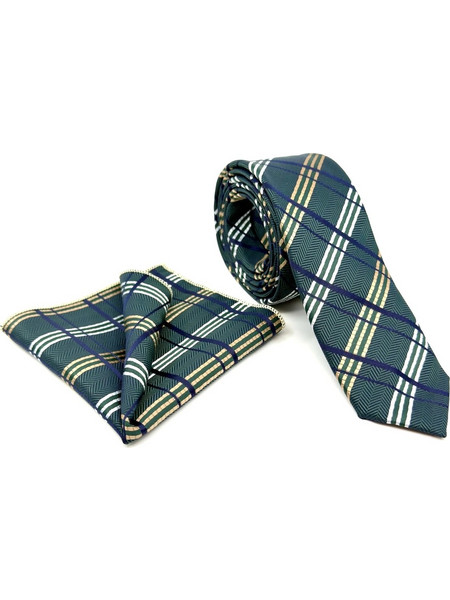 Πράσινη Γραβάτα Καρό Microfiber Σετ με Μαντήλι 6,5 cm