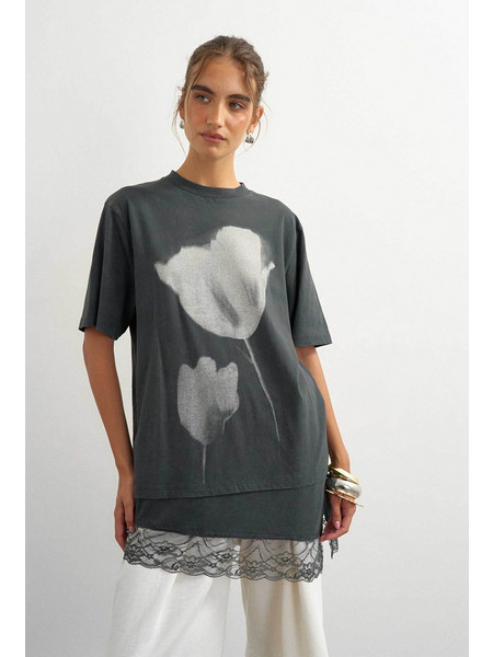 Topshop γυναικείο T-shirt με δαντέλα Regular Fit Brit - 31002192 Ανθρακί