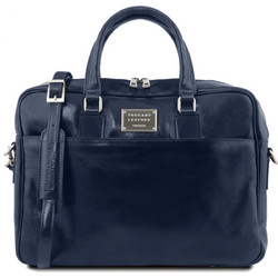 Urbino Leather laptop briefcase with front pocket - Μπλε σκούρο