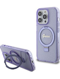 Guess MagSafe Ring Stand Glitter Script Logo Back Cover Clear/Purple (iPhone 15 Pro)