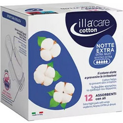 Illa Care Cotton Night Extra Σερβιέτες με Φτερά για Αυξημένη Ροή 5 Σταγόνες από Βαμβάκι 12τμχ