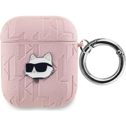 Apple Embossed Choupette Head Θήκη Σιλικόνης με Γάντζο για Apple AirPods 1 / 2 Ροζ