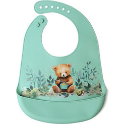 Kiokids Little Bear Αδιάβροχη Σαλιάρα Σιλικόνης με Κουμπί & Τσέπη 4m+ Πράσινο Mint