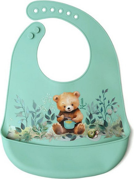 Kiokids Little Bear Αδιάβροχη Σαλιάρα Σιλικόνης με Κουμπί & Τσέπη 4m+ Πράσινο Mint