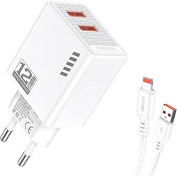 Kakusiga KSC-1238 Φορτιστής με Καλώδιο Lightning με 2 Θύρες USB-A 12W White