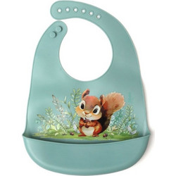 Kiokids Squirrel Αδιάβροχη Σαλιάρα Σιλικόνης με Κουμπί & Τσέπη 4m+ Βεραμάν