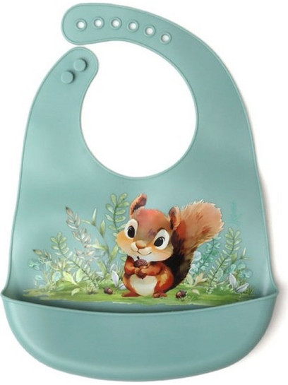 Kiokids Squirrel Αδιάβροχη Σαλιάρα Σιλικόνης με Κουμπί & Τσέπη 4m+ Βεραμάν