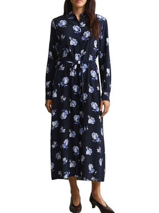 Gant Midi Καθημερινό Φόρεμα Floral Σεμιζιέ Μεταξωτό Navy Μπλε 3GW4503541-433
