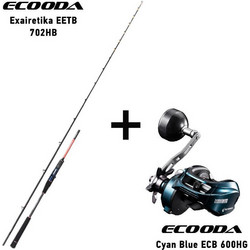 Ecooda Exairetika EETB 702HB + Ecooda Cyan Blue ECB 600HG Σετ Καλάμι Ψαρέματος για Tai Rubber Carbon Δίσπαστο 2.13m με Μηχανισμό 40-150gr
