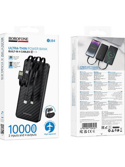 Borofone BJ84 Smooth Power Bank 10000mAh 10W με Ενσωματωμένα Καλώδια USB-C Lightning & micro USB Black