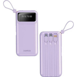 Sunix Power Bank 10000mAh με Ενσωματωμένα Καλώδια USB-C Lightning & micro USB Purple 70041157