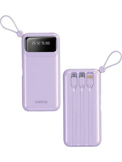 Sunix Power Bank 10000mAh με Ενσωματωμένα Καλώδια USB-C Lightning & micro USB Purple 70041157