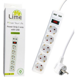 LIME ΠΟΛΥΠΡΙΖΟ 5 ΣΟΥΚΟ + 2 USB 3.5A LS-52US15W ΜΕ ΔΙΑΚΟΠΤΗ - ΠΑΙΔΙΚΗ ΠΡΟΣΤΑΣΙΑ ΥΠΕΡΤΑΣΗΣ & ΥΠΕΡΦΟΡΤΩΣΗΣ (3x1.5mm) 1.5m ΑΣΠΡΟ