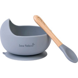 Saro Βρεφικό Σετ Φαγητού Σιλικόνης & Ξύλινο Nordic Wave Blue Grey