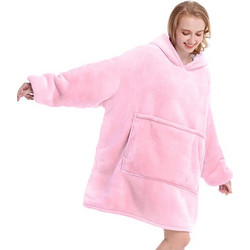Hoodie Κουβέρτα Φούτερ βελουτέ με εσωτερική επένδυση, κουκούλα και τσέπες, σε Ροζ χρώμα, 87x74x13 cm,Oversized - Aria Trade