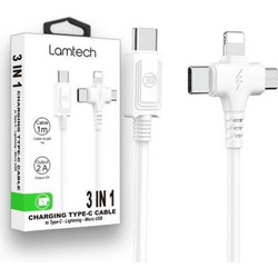 LAMTECH 3 IN 1 CHARGING TYPE-C CABLE TO TYPE-C-LIGHTNING-MICRO USB 1M WHITE