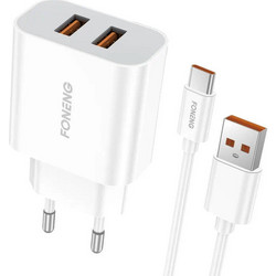 Foneng EU45 Φορτιστής με Καλώδιο USB-C με 2 Θύρες USB-A 12W Power Delivery White