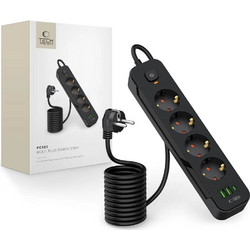 Tech-Protect PCL4X3 Power Strip 4 Sockets 240V + 2xUSB-A + 1xUSB-C 200 cm - Black