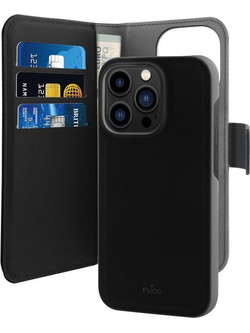 Puro Eco-Leather Case for iPhone 14 Pro W/horiz.flip+3 Card Slot+Banknote Pocket+Magn Cover Black