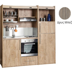 Πολυκουζίνα mini kitchen 190cm με μεγάλο ψυγείο & μεγάλο φούρνο απόχρωση δρυς μπεζ για γραφεία, studios & καταλύματα airbnb