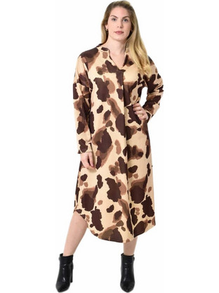 Midi Σεμιζιέ Φόρεμα Abstract Animal Print - Άνετη Γραμμή Καφέ 27290