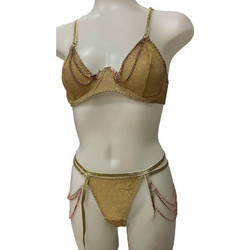 Γυναικείο Σετ Εσωρούχων Lurex με Strass, String και Ζαρτιέρες σε Χρυσό χρώμα Xρυσό