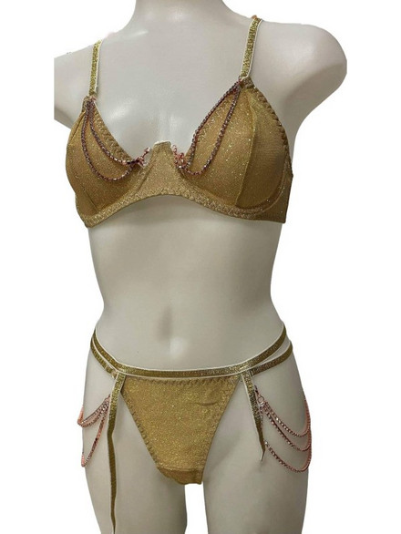 Γυναικείο Σετ Εσωρούχων Lurex με Strass, String και Ζαρτιέρες σε Χρυσό χρώμα Xρυσό