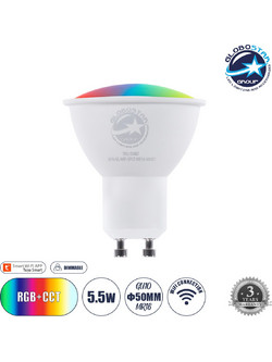 GLOBOSTAR(R) SMARTME 60487 Σποτ GU10 MR16 Smart Home WiFi με Λειτουργία μέσω Tuya APP LED 5.5W 550lm 120 AC 220-240V IP20 Πολύχρωμο RGBW+WW Dimmable - Bridgelux Chip - Μ5 x Π5 x Υ6.5cm