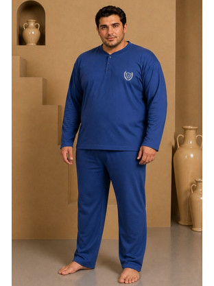 Ανδρική Χειμερινή Πιτζάμα Plus Size Βαμβακερή A1065 - ΜΠΛΕ-ΡΟΥΑ