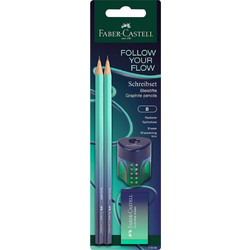 Faber-Castell Blister σετ Flow Edition 4 τεμάχια buzzing blue - 2 τριγωνικά μολύβια B, 1 γόμα Dust-free, 1 ξύστρα Grip Auto - 118406