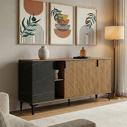 Μπουφές Riba pakoworld καρυδί-μαύρη όψη μαρμάρου 180x40x78εκ - PAKOWORLD