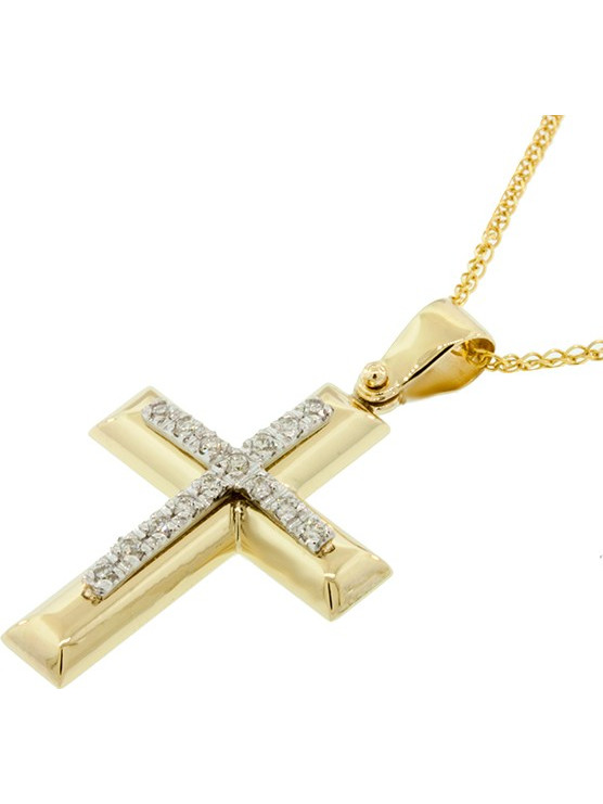 Χρυσός σταυρός βάφτισης σε 18 καράτια με διαμάντια 0.17ct και αλυσίδα 14 καράτια. CRK4634