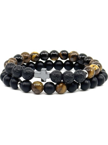 Legend Accessories Σετ Ανδρικά Βραχιόλια από Ατσάλι με Πέτρα Λάβας LGD-BR-2030 2τμχ