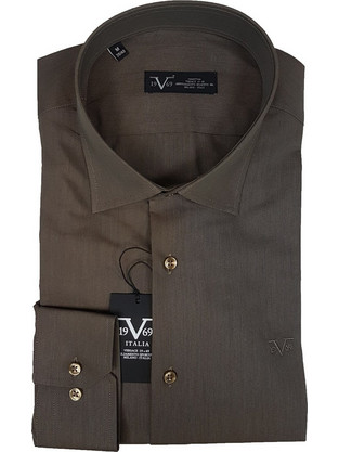Versace Ανδρικό Πουκάμισο Βαμβακερό Μακρυμάνικο Slim Fit Χακί 11.34