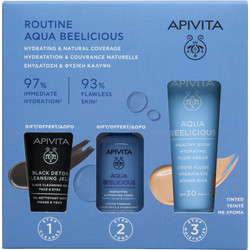 Apivita Aqua Beelicious Healhty Glow Hydrating Fluid Cream SPF30 40ml + Perfecting & Hydrating Toner 50ml + Black Detox Cleansing Jelly 50ml