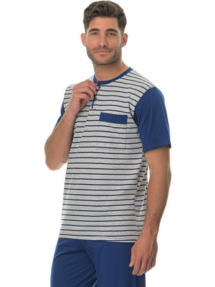 PNN Nightwear Καλοκαιρινές Ανδρικές Πιτζάμες Βαμβακερές με Κουμπιά Μπλε Γκρι 0221-0111