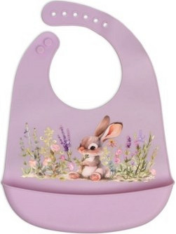 Kiokids Bunny Αδιάβροχη Σαλιάρα Σιλικόνης με Κουμπί & Τσέπη 4m+ Λιλά