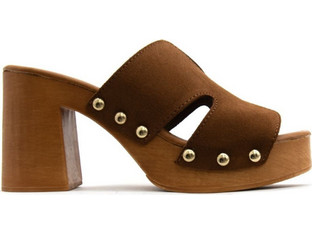 Steve Madden Γυναικεία Πέδιλα Suede Καφέ με Χοντρό Ψηλό Τακούνι και Φιάπα 11005174-039