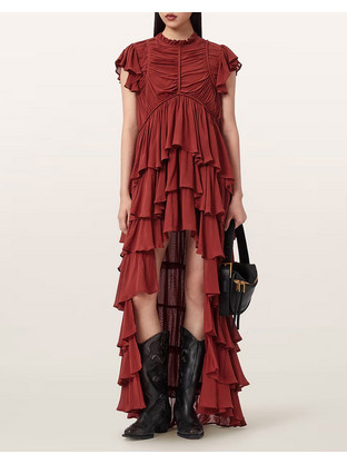 AllSaints Maxi Φόρεμα για Γάμο / Βάπτιση Μεταξωτό Μπορντό W059DE