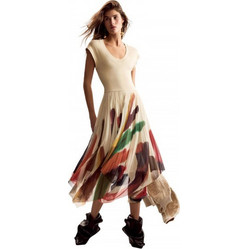 Desigual Midi Καλοκαιρινό Βραδινό Φόρεμα Μεταξωτό Μπεζ 26SWVK39-1001