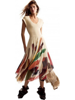 Desigual Midi Καλοκαιρινό Βραδινό Φόρεμα Μεταξωτό Μπεζ 26SWVK39-1001