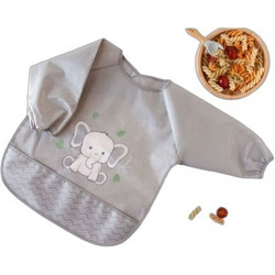Kiokids Little Elephant Αδιάβροχη Σαλιάρα Ποδιά Πλαστική με Αυτοκόλλητο Τσέπη & Μανίκια 4m+ Εκρού