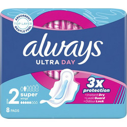 Always Ultra Day Super Μέγεθος 2 Σερβιέτες με Φτερά για Αυξημένη Ροή 5 Σταγόνες 8τμχ