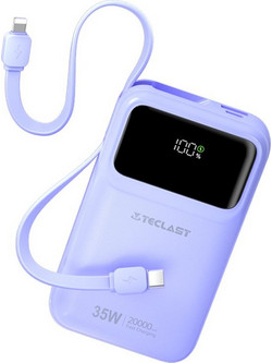 Teclast Q20 Pro-P Power Bank 20000mAh 35W με Ενσωματωμένα Καλώδια USB-C & Lightning Purple